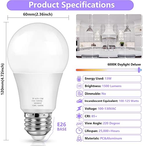MAXvolador A19 LED Light Bulbs, 100 Watt Equivalent, Cool White 6000K, 1500LM, E26 Base, Non-Dimmable, 13W Bright White, 4-Pack