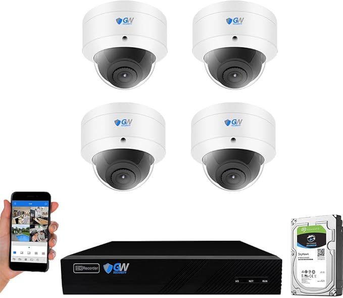 GW Security 8 Channel 12MP NVR UltraHD 4K Face/Human/Vehicle Detection PoE Security Camera System with 4 x 8MP IP Microphone AcuSearch Smart AI Dome Camera, 100ft Night Vision, Outdoor Indoor Cameras