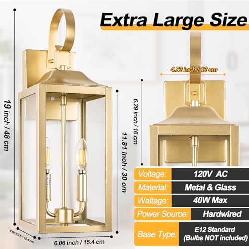 19" Gold Outdoor Wall Lantern 2-Light, Large Modern Outdoor Sconce Lights