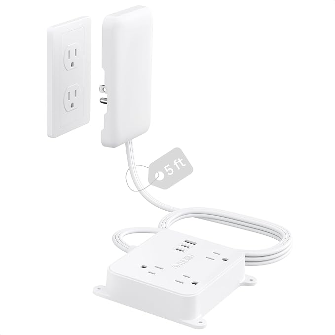 TROND Flat Outlet Cover Extension Cord, 3 AC Widely Spaced with 2 USB C | 5FT Plug Concealer Power Strip, Wall Mount Behind TV, Hidden Under In-Drawer Desk Cabinet Vanity Counter