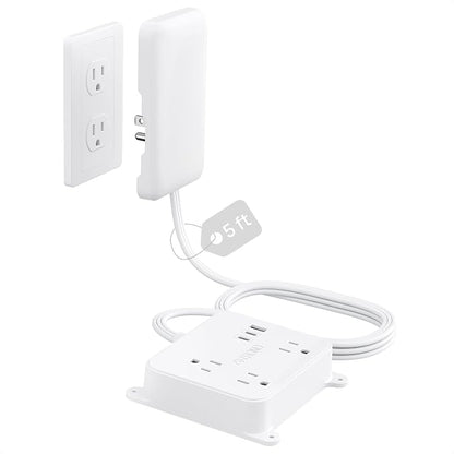 TROND Flat Outlet Cover Extension Cord, 3 AC Widely Spaced with 2 USB C | 5FT Plug Concealer Power Strip, Wall Mount Behind TV, Hidden Under In-Drawer Desk Cabinet Vanity Counter