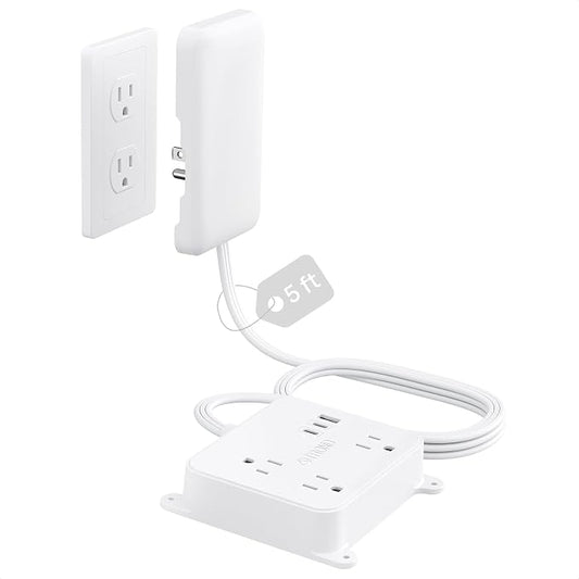 TROND Flat Outlet Cover Extension Cord, 3 AC Widely Spaced with 2 USB C | 5FT Plug Concealer Power Strip, Wall Mount Behind TV, Hidden Under In-Drawer Desk Cabinet Vanity Counter