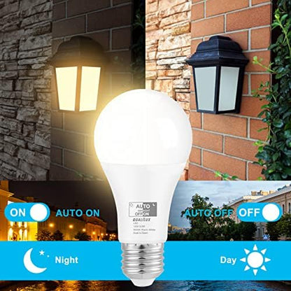 Qualilux Dusk to Dawn A19 LED Light Bulbs Outdoor, Automatic On/Off, 60W Equivalent, Warm White 3000K, Energy Efficient 9.5W, 850 Lumen, E26 Base, 12-Pack, HQ-H009