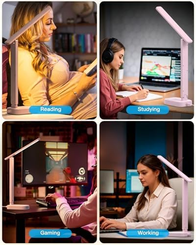 LED Desk Lamp, Power Strip with 4 USB 3 Outlets, Dorm Room Essentials, Pink