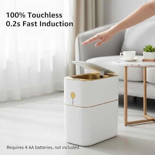 MOPALL Touchless Bathroom Trash Can with Lid, 3 Gallon / 12L Slim Motion Sensor Garbage Bin, Automatic Waste Basket for Bedroom, Office & Narrow Spaces, White & Gold