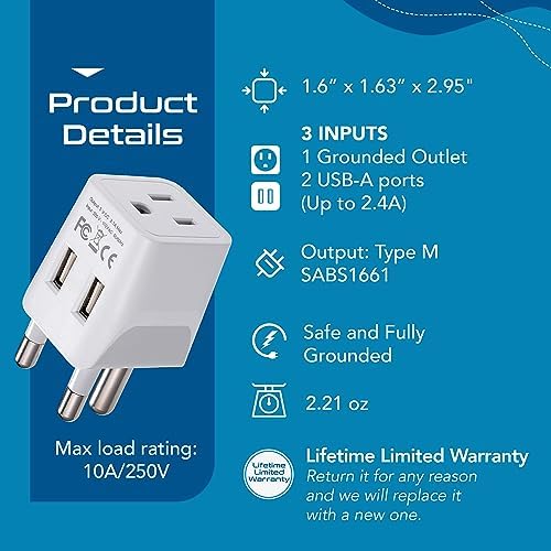 Ceptics South Africa Travel Plug Set - with 2 USB + USA Socket Input - Type M and Type G - Ultra Compact - Safe Grounded Perfect for Cell Phones, Laptops, Camera Chargers