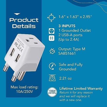 Ceptics South Africa Travel Plug Set - with 2 USB + USA Socket Input - Type M and Type G - Ultra Compact - Safe Grounded Perfect for Cell Phones, Laptops, Camera Chargers