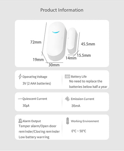WiFi Wireless Door Window Sensor,TUYA Smart Alarm with Free Notification APP Control Home Security Alarm System, Compatible with Alexa, Google Home, Siri (1-Pack)