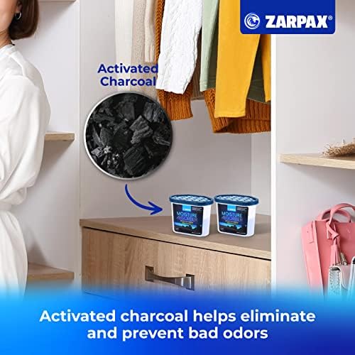 ZARPAX Moisture Absorber Activated Charcoal 10.5 oz/300g | Removes Moisture, Damp, Humidity & Odors | Odor Absorber | Moisture Trap for Bathroom, Closet, Kitchen & Small Spaces | Set of 4 (Pack of 2)