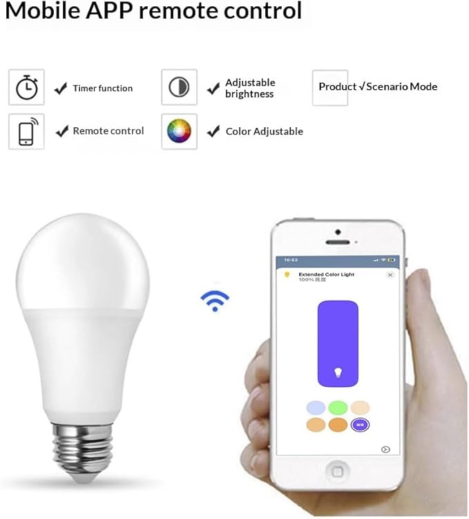 Smart LED Light Bulb, E27, WiFi, Color Changing 2700K-6500K, Compatible with Alexa, Google Home, Apple Home, SmartThings