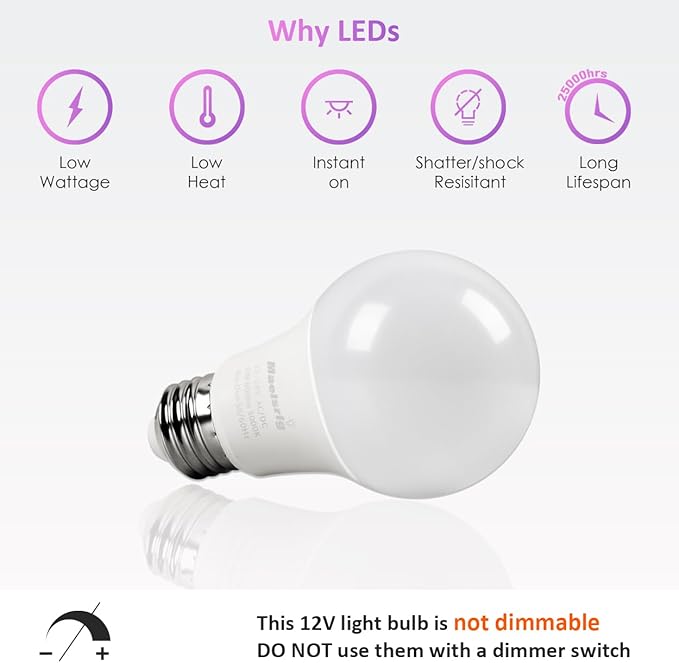 Maelsrlg 12V LED Bulb 6W(50W Equivalent), Daylight 5000K, 12V-24V AC/DC, 600 Lumens, Non-Dimmable, A19 12V DC LED Light Bulbs, E26 Base, Pack of 6