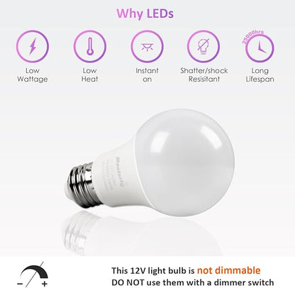 Maelsrlg 12V LED Bulb 6W(50W Equivalent), Warm White 3000K, 12V-24V AC/DC, 600 Lumens, Non-Dimmable, A19 12V DC LED Light Bulbs, E26 Base, Pack of 6