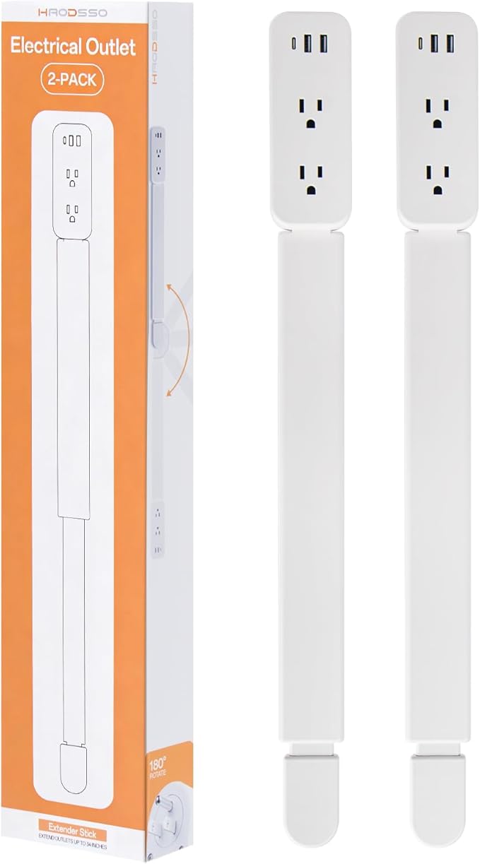 Electrical Outlet Extender Stick - Features USB-A, USB-C and 2 AC Outlets, Extends 22"-34", Rotates 180° Access Hard-to-Reach Outlets, Wall Plug Power Socket Expander Nightstands, Sofa, Desks and More