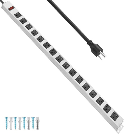 JUNNUJ Metal 16 Outlet Power Strip, Mountable Heavy Duty Power Strip, 1200J Surge Protector Wall Mount Screws Outlet with Switch, Gaming Desk Strips Wide Spaced 15A 125V 1875W, 3 FT 14AWG Power Cord