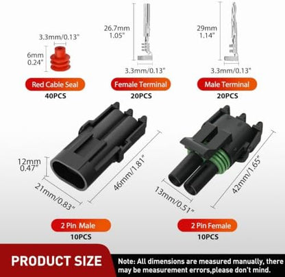 Nilight 100PCS 10 Kits 2 Pin Waterproof Automotive Electrical Connector Kit