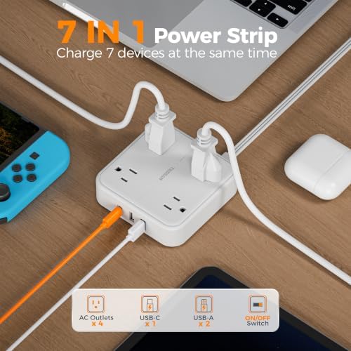 TESSAN Surge Protector Flat Extension Cord 10Ft, Flat Plug Power Strip