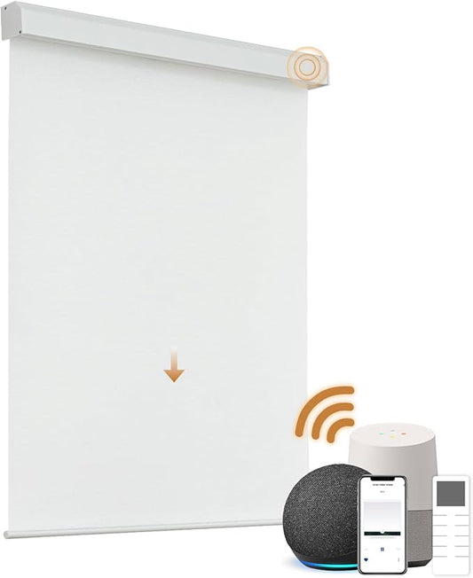 Motorized Light Filtering Roller Shades with Remote Control, Electric Smart Shades Compatible with Alexa and Google, Rechargeable, Customizable Size (Textured White)