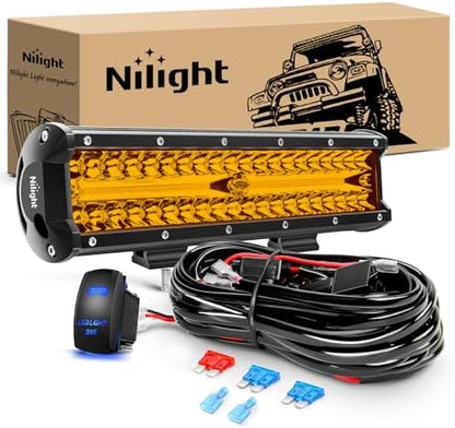 Nilight Led Light Bar 12 Inch Amber 300W Spot Flood Combo Waterproof Triple Rows Off Road Fog Light with 5Pin Rocker Switch Wiring Harness Kit-1 Lead