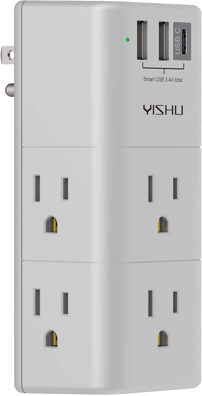 Multi Plug Outlet Surge Protector - YISHU Outlet Extender with Rotating Plug, 6 AC Outlets and 3 USB Ports, 3-Sided Swivel Power Strip Ideal Stocking Stuffers, Gray