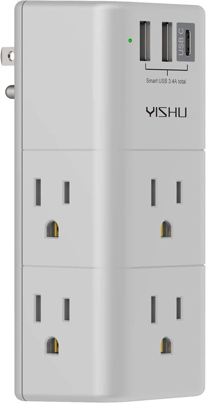 Multi Plug Outlet Surge Protector - YISHU Outlet Extender with Rotating Plug, 6 AC Outlets and 3 USB Ports, 3-Sided Swivel Power Strip Ideal Stocking Stuffers, Gray