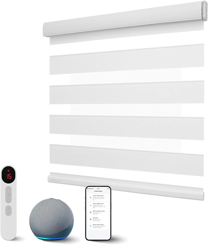 Motorized Zebra Blinds with Remote, Smart Dual Layer Automatic Shades with Privacy Light Control, Cordless Electric Blackout Blind for Indoor Windows, White, 31" W x 72" H