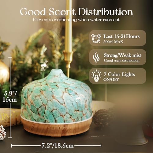 Porseme 500ml Glass Essential Oil Diffuser Aromatherapy Ultrasonic Cool Mist Humidifier 15-21 Running Hours Waterless Auto-Off Air Diffusers for Sleeping Yoga Working Spa(Light Blue)
