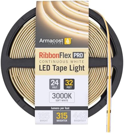 Armacost Lighting RibbonFlex Pro 24V White COB LED Strip Light Tape 3000K, 315 Lumens/Ft, 10M 172250