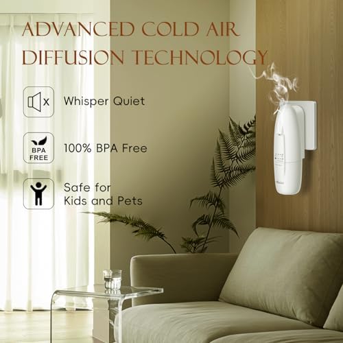 Plug in Scent Diffuser, OliveTech Waterless Essential Oil Diffuser, Cover Up to 500 Sq. Ft., Hotel Collection Diffuser, Aromatherapy Diffusers for Home, Office, 1 x 30ml Essential Oil Included
