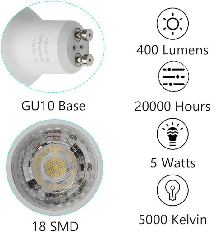 haraqi 6 Pack GU10 120V 5W LED Bulb, 400LM 5000K Daylight White Natural Light, 50W Equivalent Reflector Flood Replacement Light Bulbs for Kitchen Hood,Ceiling Fan,Table Lamps