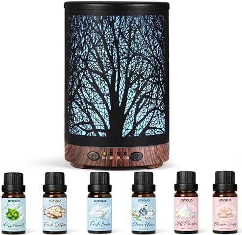 Essential Oil Diffuser & Essential Oils Set, Aromatherapy Diffuser with 7 LED Colors, 6 Oils Gift Pack (Clean Home, Peppermint, Blossom Soapy, Soft Powder, Fresh Cotton, Fresh Linen)