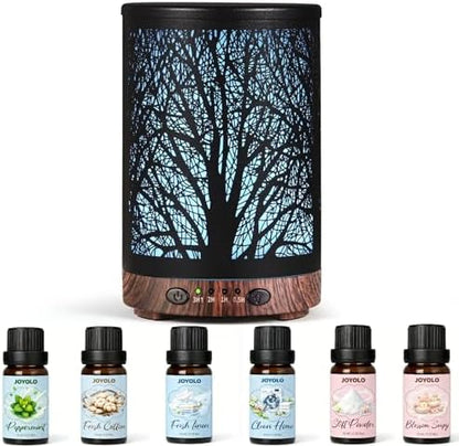 Essential Oil Diffuser & Essential Oils Set, Aromatherapy Diffuser with 7 LED Colors, 6 Oils Gift Pack (Clean Home, Peppermint, Blossom Soapy, Soft Powder, Fresh Cotton, Fresh Linen)