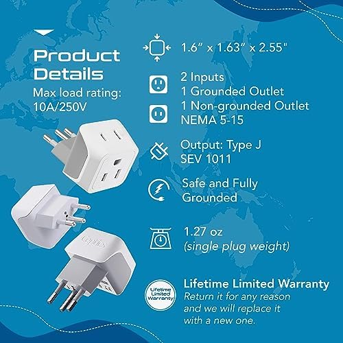 Ceptics Switzerland Travel Adapter Plug with Dual USA Input - Power - Type J (3 Pack) - Ultra Compact - Safe Grounded Perfect for Cell Phones, Laptops, Camera Chargers and More (CT-11A)
