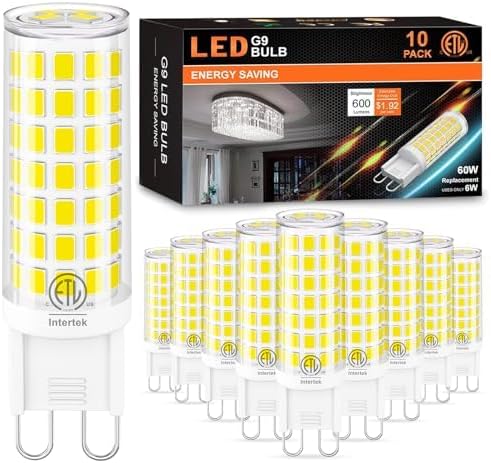 10-Pack G9 LED Bulbs 6000K Daylight, 6W 60W Equivalent, 600LM Warm White T4 Crystal Chandelier Lights, G9 Bi-Pin Ceramic Base, Non-Dimmable