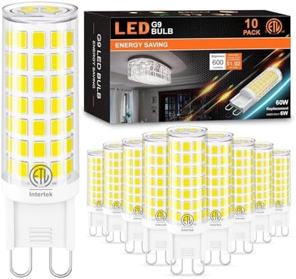10-Pack G9 LED Bulbs 6000K Daylight, 6W 60W Equivalent, 600LM Warm White T4 Crystal Chandelier Lights, G9 Bi-Pin Ceramic Base, Non-Dimmable