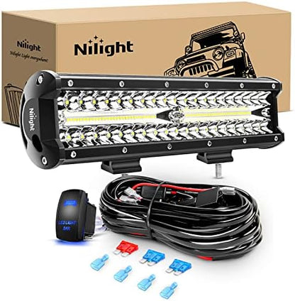 Nilight 12Inch 300W Triple Row Flood Spot Combo 30000LM Driving Boat Led Off Road Lights 16AWG Wiring Harness Kit-One Lead for Truck,2 Years Warranty
