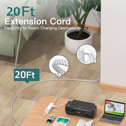 20FT Long Extension Cord, Power Strip with 12 AC Multiple Outlets & 4 USB