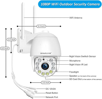HOSAFE.COM Cameras for Home Security Outdoor WiFi, Plug-in 24/7 Video Surveillance System, Spotlight Color Night Vision, Human Motion Detection, PTZ Auto Tracking, Two Way Talk, Waterproof