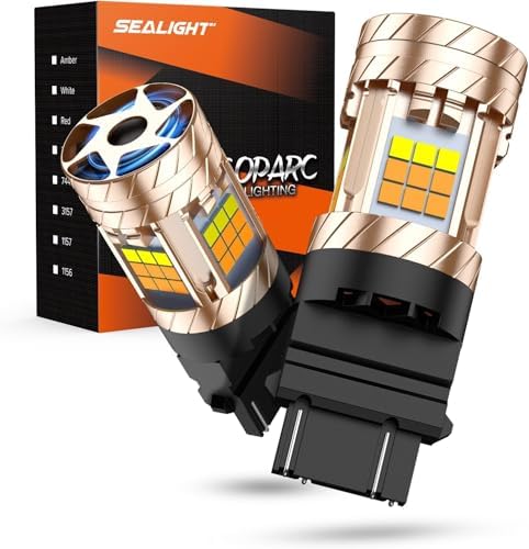 SEALIGHT 3157 Switchback LED Bulb, Latest CANBUS 3156 LED Light With Turbo Fan, 3057 3457 4157 Amber/White Dual Color Anti Hyper Flash Turn Signal Lights and DRL/Parking Lights, Pack of 2