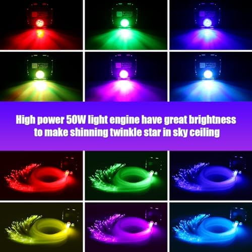 AZIMOM High Brightness 50W Twinkle Fiber Optic Starlight Kits Mixed800pcs 16.5ft Fiber Strands End Glow Sound Activated Bluetooth/APP Remote Control Theater Ceiling Home Shop Lobby Roof Decor