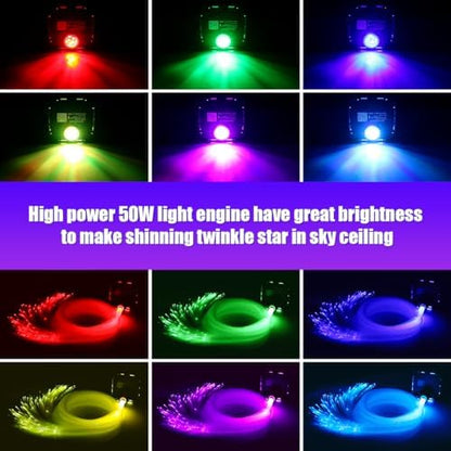 AZIMOM High Brightness 50W Twinkle Fiber Optic Starlight Kits for Theater Ceiling Headliner1000pcs 0.03in 16.5ft Fiber Strands Sound Activated Bluetooth/APP Remote Control Home Shop Lobby Roof Decor