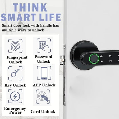Smart Fingerprint Door Lock, Keyless Entry Door Lock with APP - Cards - Backup Key - Fingerprints - Codes, Biometric Door Lock for Bedroom Hotel Office Apartment(Black)