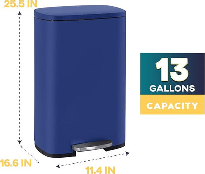 FDW | 13 Gallon Trash Can with Lid | Deep Blue | Fingerprint-Proof | Made of Brushed Stainless Steel | Soft-Close Step Pedal | Hands-Free Use | Easy to Clean | for Kitchen, Office, Bathroom