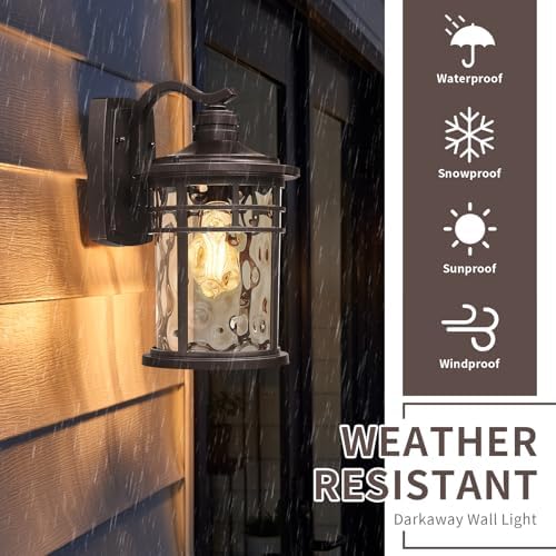 Darkaway Outdoor Wall Light Fixture,14.57inch Large Outside Porch Lights Wall Mounted Amber Ripple Glass Modern Exterior Waterproof Wall Sconce Lighting for House Front Door Garage