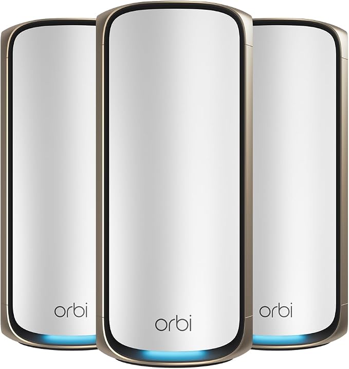 NETGEAR Orbi 970 Series (2026 Release) WiFi 7 Mesh System, 3 Pack | Router + 2 Satellite Extenders, up to 10,000 sq ft, 27 Gbps, 200 Devices, Quad-Band, supports 10 Gig Internet plan, RBE973