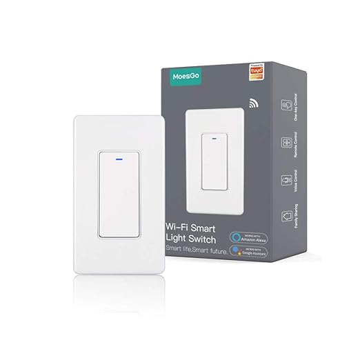 MoesGo WiFi Wall Push Button Smart Light Switch,Multi-Control, 2.4GHz WiFi Light Switches, Neutral Wire Required,Remote Control Smart Life/Tuya, Work with Alexa,Google Home White 1 Gang