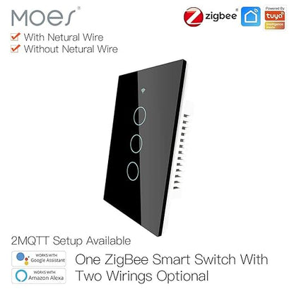 MOES ZigBee Smart Touch Wall Light Switch,Requires Tuya ZigBee Hub,No Neutral Wire/N+L Wiring,No Capacitor,Smart Life Tuya 2/3 Way Remote Control, Work with Alexa Google Home, 2MQTT,3 Gang Black