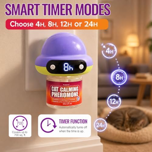 Petstoral Cat Calming Pheromone Diffuser with 3 Refills, Smart Cat Calming Diffuser with 4/8/12/24-Hour Timer, Daily Auto-On, Helps Reduce Anxiety, Spraying & Scratching