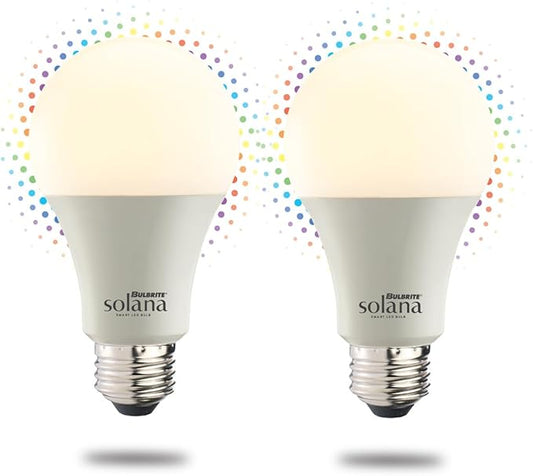 Bulbrite Solana WiFi LED Smart Bulb, 60 Watt Equivalent, A19 90 CRI Tunable White and Color Changing Dimmable Light Bulb, Compatible with Alexa and Google Home, 2 Pack