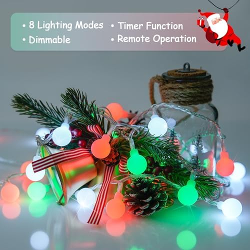 JMEXSUSS 33ft 100 LED Globe Red White and Green Christmas String Lights