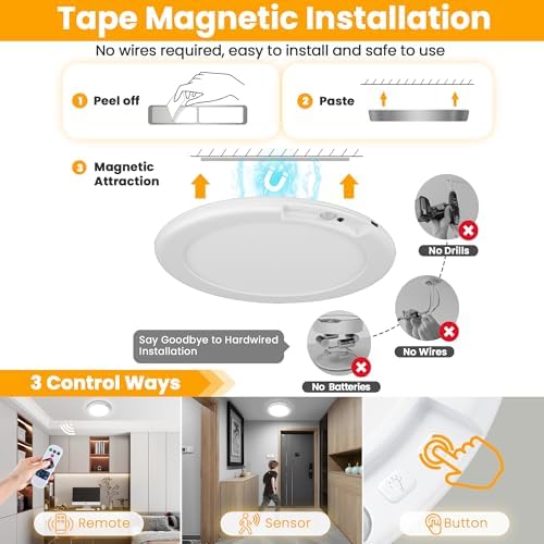 SunRider 4-Pack Rechargeable Motion Sensor LED Ceiling Lights with Remote